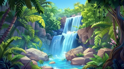 This is a modern cartoon illustration of a waterfall cascading through a tropical jungle with trees, lianas, and rocks. An exotic summer landscape with green grass, stones, and waterfall cascades.