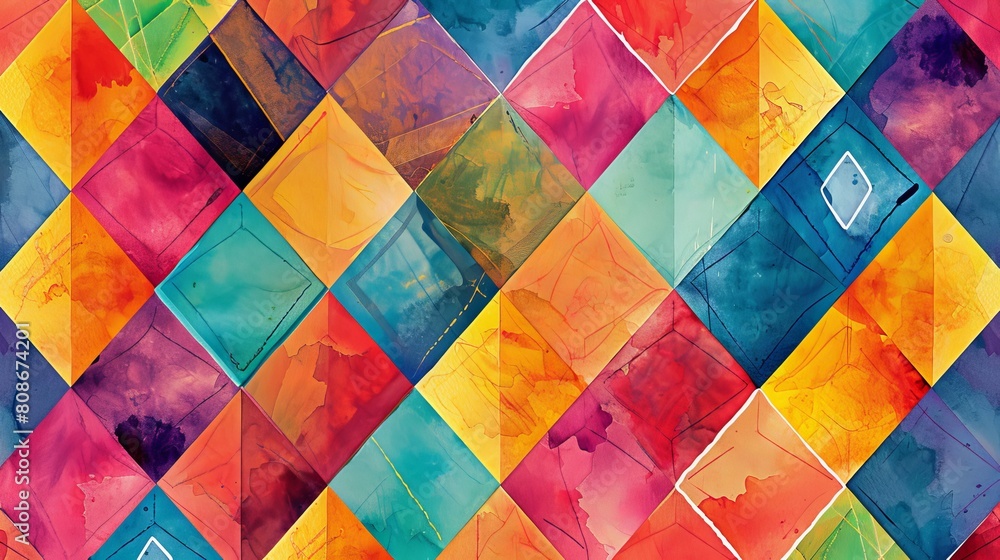 Poster colorful watercolor pattern with geometric shapes like squares, diamonds, and hexagons. it has a ret