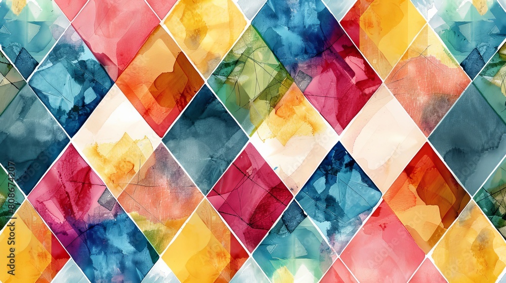Poster colorful watercolor pattern with geometric shapes like squares, diamonds, and hexagons. it has a ret
