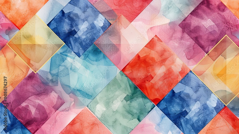 Poster colorful watercolor pattern with geometric shapes like squares, diamonds, and hexagons. it has a ret