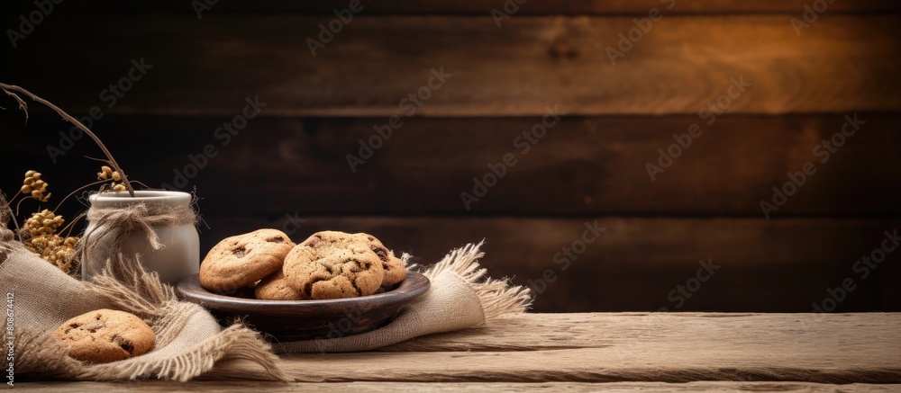 Aufkleber on an old wooden table there is a rustic setting with homemade cookies placed on a sackcloth creatin