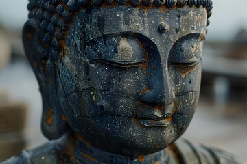 Weathered Stone Buddha Statue in Contemplative Meditation Pose