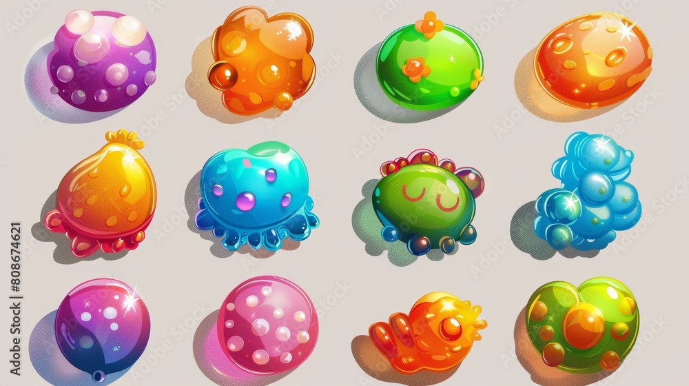 Poster 3d modern illustration of jelly candies, game icons, and ui buttons. cartoon assets for app design. 