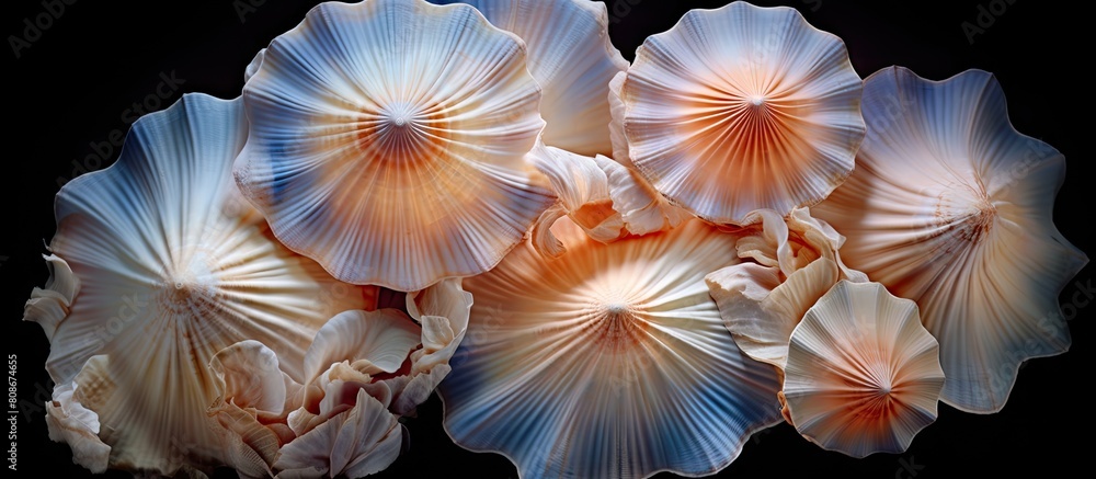 Poster copy space image of seashells adorned with delicate floral patterns or illuminated by soft ethereal 