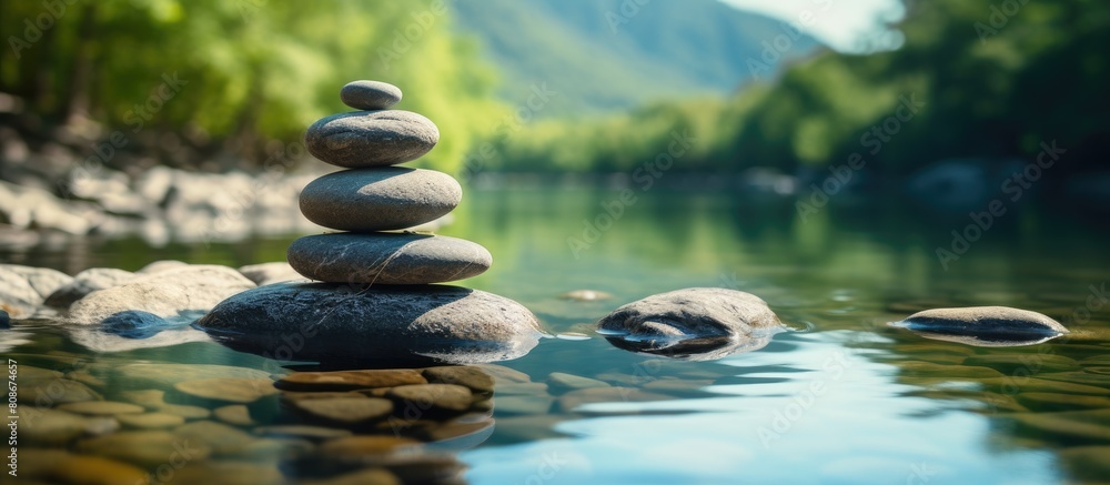 Poster zen stone symbol representing harmony and balance with balancing rocks set against a copy space imag