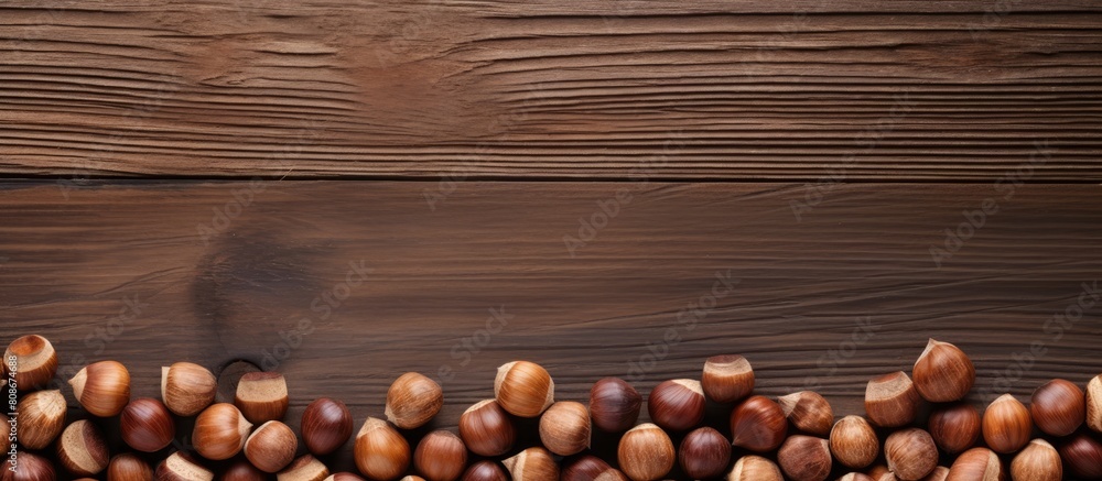 Poster copy space image of hazelnuts on a rustic wooden background