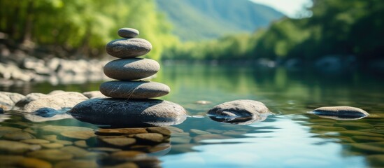 Zen stone symbol representing harmony and balance with balancing rocks set against a copy space...