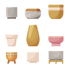 A variety of colorful, flat design style flower pots and planters on a white background, concept of gardening and home decor. Vector illustration
