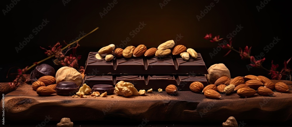 Poster dark copy space image featuring a chocolate bar adorned with peanuts and walnut standing out on the 