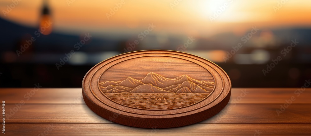 Poster a wooden beer coaster with a circular design ideal for showcasing images or messages. copy space ima