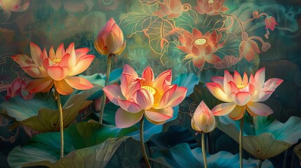 Colorful lotus flowers against a decorative background