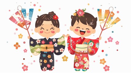 Two children dressed in traditional kimonos, holding koinobori flags and beaming with joy, Golden Week concept.