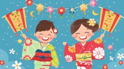 Two children dressed in traditional kimonos, holding koinobori flags and beaming with joy, Golden Week concept.