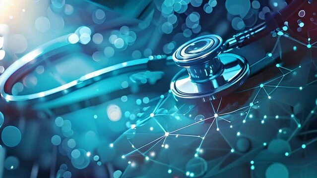 Abstract digital background with stethoscope and medical technology concept, blue color tone, close up, bokeh effect, digital connection in medicine, futuristic health care system or smart healthcare 
