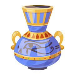 Colorful illustrated ancient Egyptian amphora with decorative patterns, isolated on white, concept of antiquity. Vector illustration