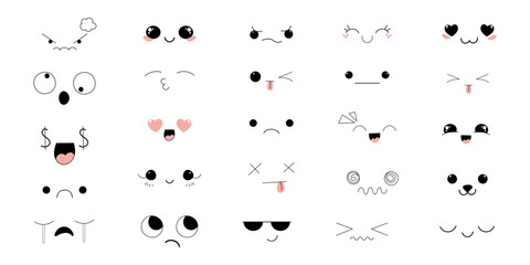 Kawaii Style Faces manga anime emotions, comic expressions, cute eyes collection isolated on white background. Doodle smiley mood design elements, 