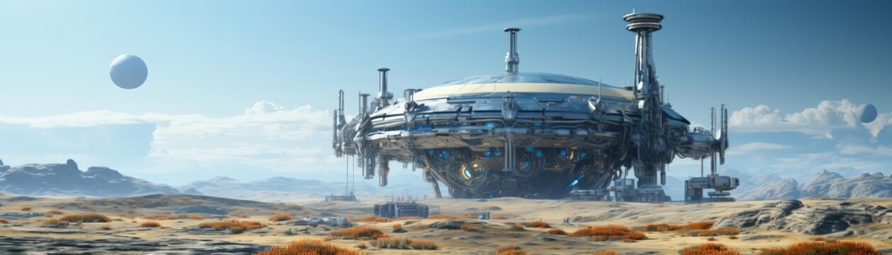 A vast alien landscape with a large, metallic structure in the foreground