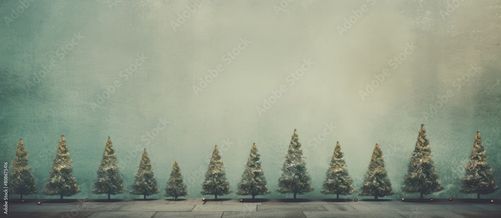 Poster multiple small christmas trees are displayed on a textured background providing ample copy space for