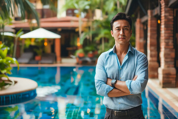 A man stands in front of a pool, wearing a blue shirt and a watch. He is looking directly at the camera - Powered by Adobe