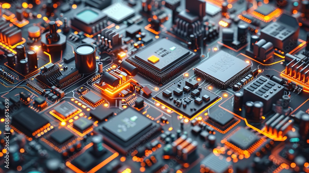Poster electronic devices like computers and chips are shown in a futuristic design on a light background. 