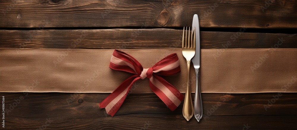 Poster a ribbon wrapped knife is placed alongside a spoon and fork on a napkin set upon a wooden table crea