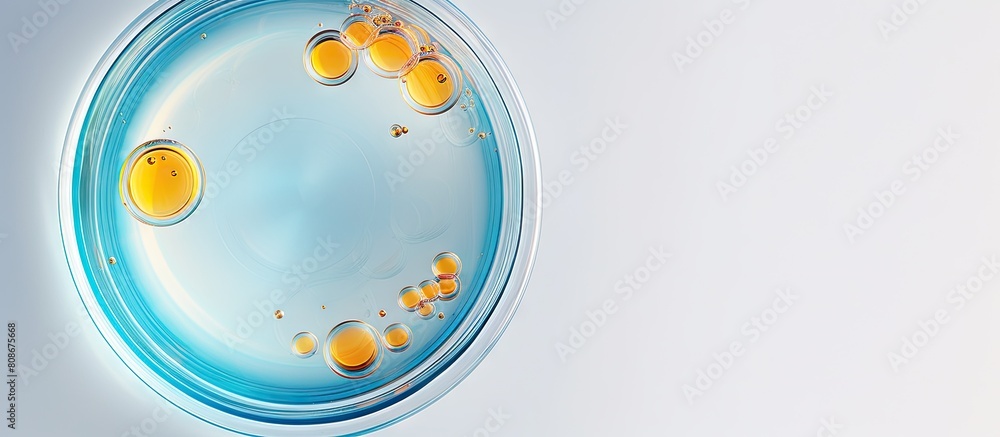 Poster top view of a petri dish containing a liquid sample placed against a light background ample space av