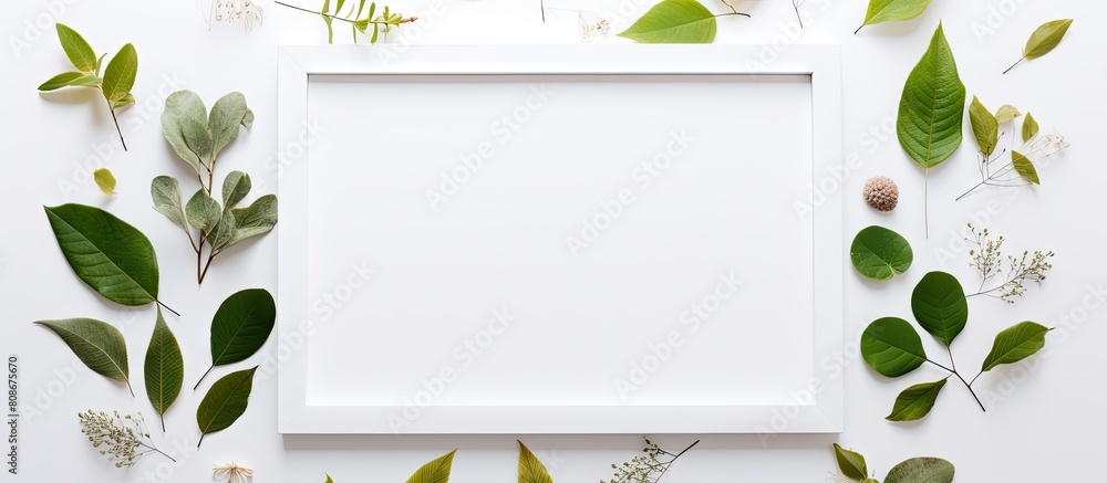 Poster a white photo frame with leaves is displayed on a white desktop in a flat lay style copy space image