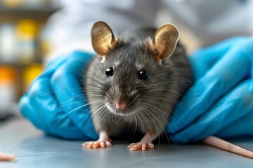 Close-Up Portrait of a Curious Rat on a Blue Fabric Background