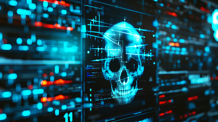Dramatic digital illustration depicting a cyber security threat with a skull on server racks background.