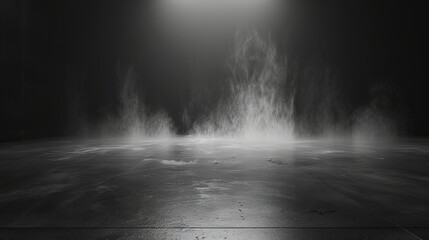 Dark room with a concrete floor for product display. Misty fog or smog moves against a black background.