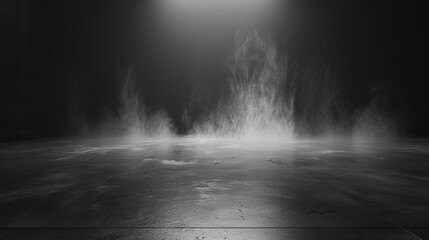 Dark room with a concrete floor for product display. Misty fog or smog moves against a black...
