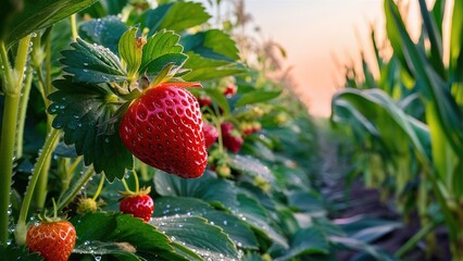 Strawberries in field agriculture product concept industry