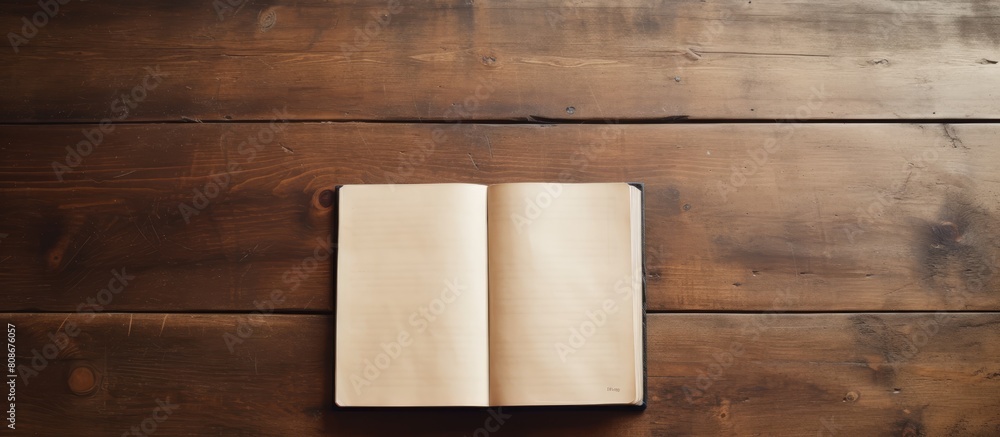 Poster there is a vintage inspired image of an open notebook with ample empty space on a wooden table