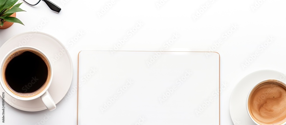 Aufkleber top view of a contemporary workspace with a coffee cup smartphone paper notebook tablet and laptop o