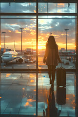 A woman is walking through an airport terminal with a suitcase. The sky outside is orange and the...