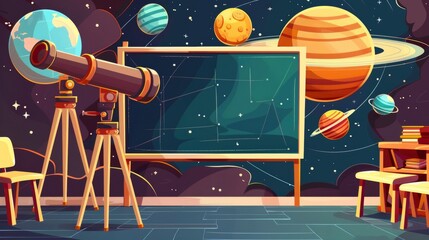 This is a modern cartoon illustration of an empty school astronomy classroom with a blackboard, telescope, placard with planets of the solar system, globe, furniture and a bookcase.