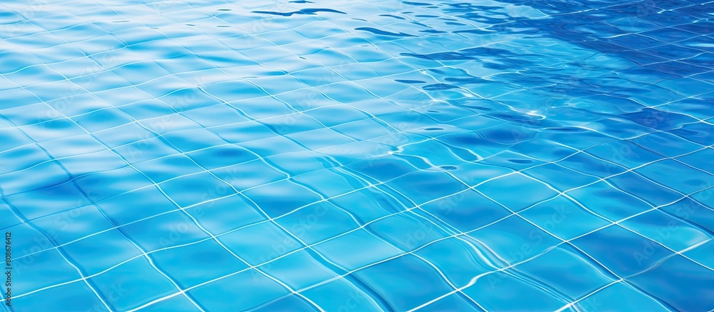 Poster a serene image of a swimming pool shines with vibrant blue tiles while gentle ripples on the water c