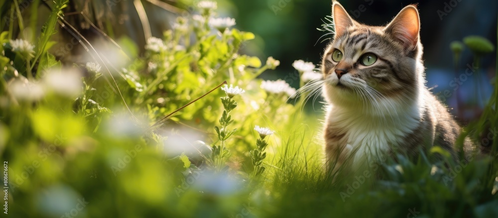 Poster a lovely young house cat enjoying the garden with plenty of space for itself. copy space image. plac