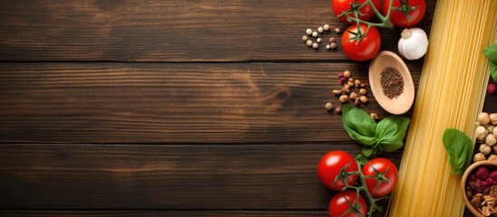 Naklejka premium Top view of Italian food ingredients for cooking pasta including spaghetti arranged on a table with copy space image