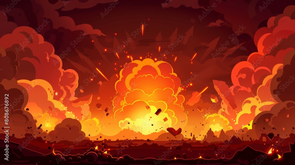 Poster modern web banner with a fire background and red bomb explosion clouds over burned land. red explosi