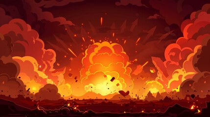 Modern web banner with a fire background and red bomb explosion clouds over burned land. Red explosion clouds, Ui design with smoke, and dynamite explosions.