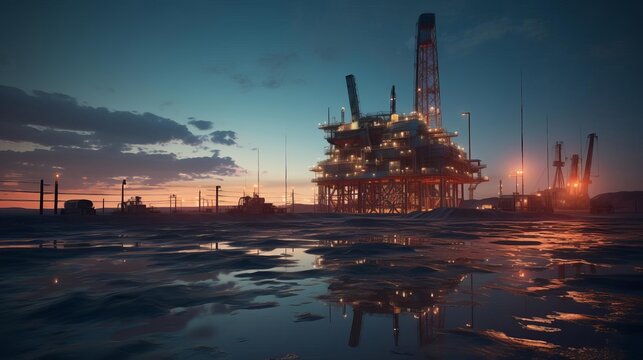 An oil rig in the ocean at night. The sky is dark and cloudy, and the water is calm. The oil rig is lit up, and there is a reflection on the water.