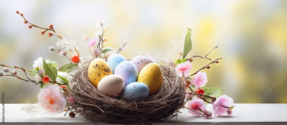 Aufkleber copy space image of a beautiful spring themed arrangement featuring colorful easter eggs nestled in 