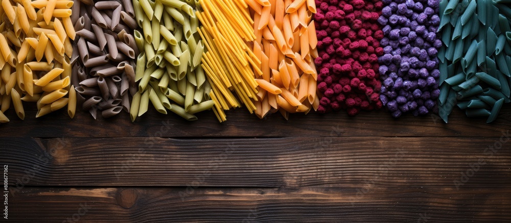 Poster close up top view frame photography of colorful uncooked penne pasta on a rustic wooden table creati
