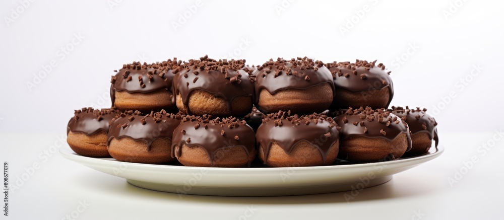 Poster a plate is filled with chocolate donuts arranged neatly and ready to be served the image features am