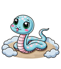 A cute cartoon snake with big eyes and polka dots, sitting on a patch of ground with clouds, vector illustration. Vector illustration