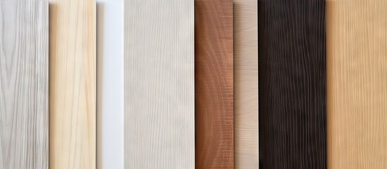 Select material for interior design ideas samples of veneer wood showcased on a white wood background with copy space image