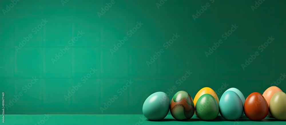 Aufkleber an image with colorful easter eggs painted on a green background leaving room for text. copy space i