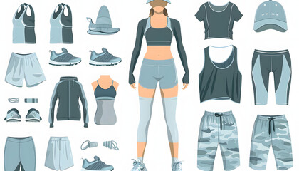 Clipart of contrasting activewear styles from sleek yoga outfits to rugged outdoor gear organized  Generative AI