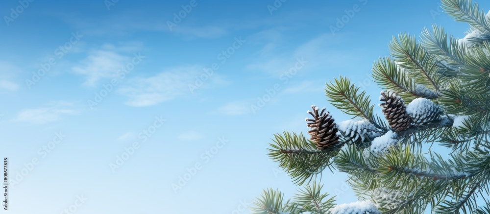 Poster a wintry background image showcasing green spruce branches adorned with needles and cones against a 